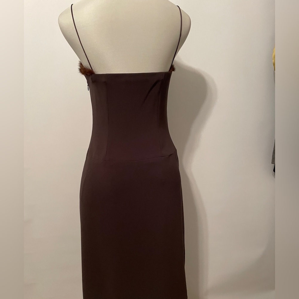 Tahari Striking Mink trimmed Spaghetti Strap Dress - Picture 3 of 13